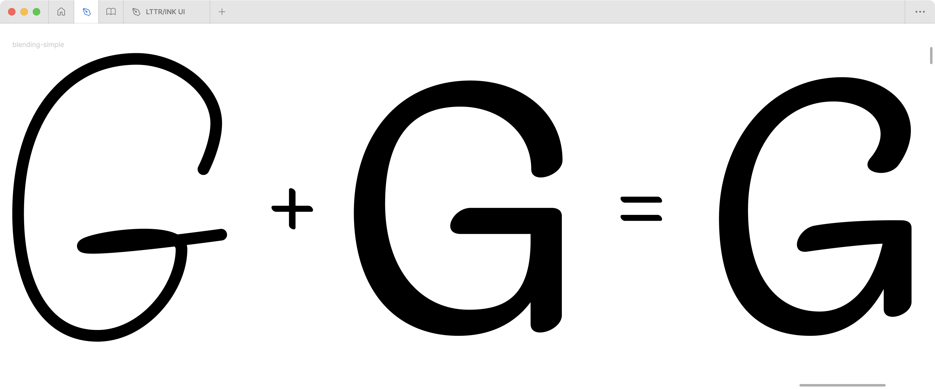 Figure illustrates the blending of two fonts. From the left, the first letter illustrates a casual handwritten style, and the second image illustrates a formal sans serif grotesque. The result illustrates the blending of both styles into a new style.