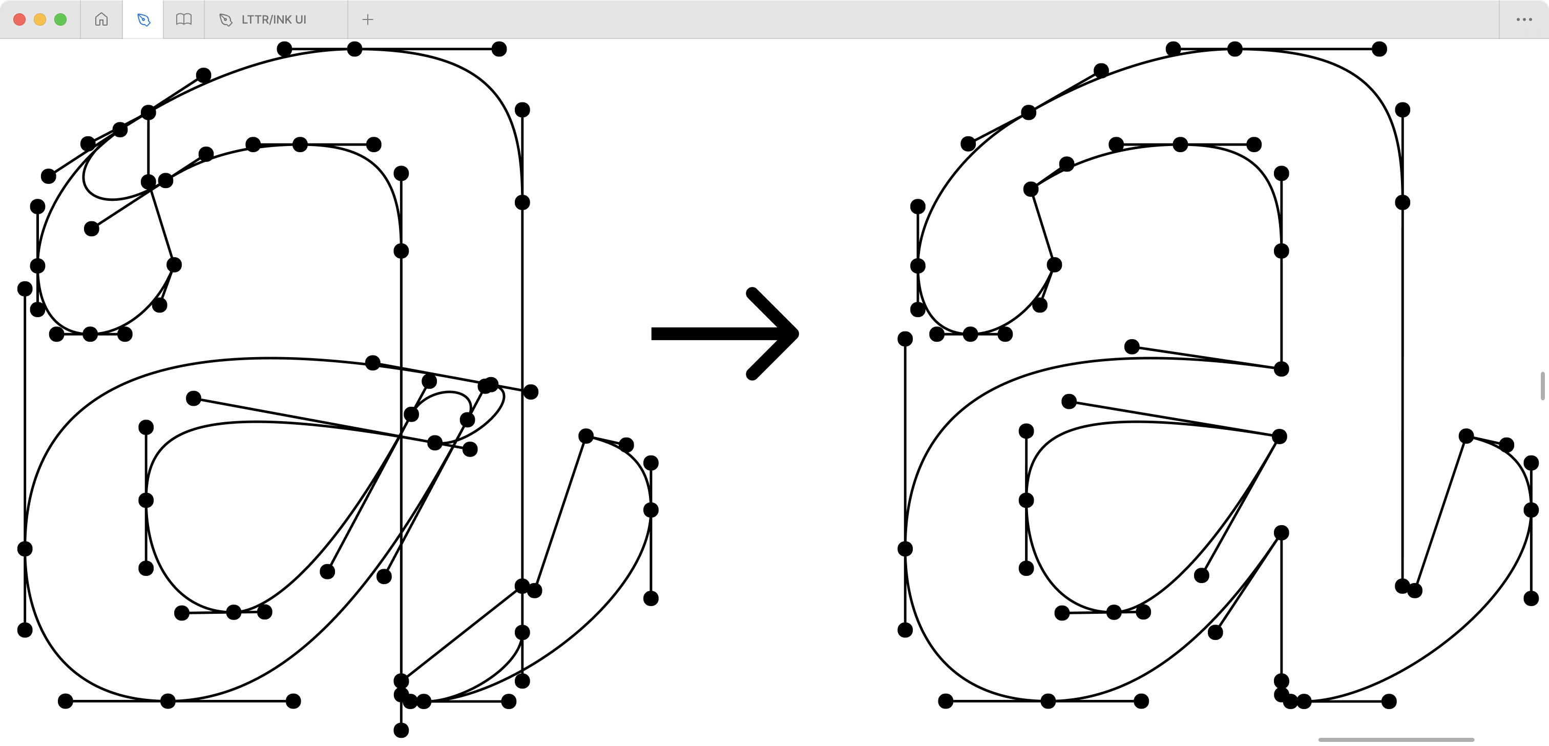 Figure illustrates the difference between a type designer’s drawing and the final font of the letter. The more complex shapes represent even more geometrical details that are not present in the datasets.