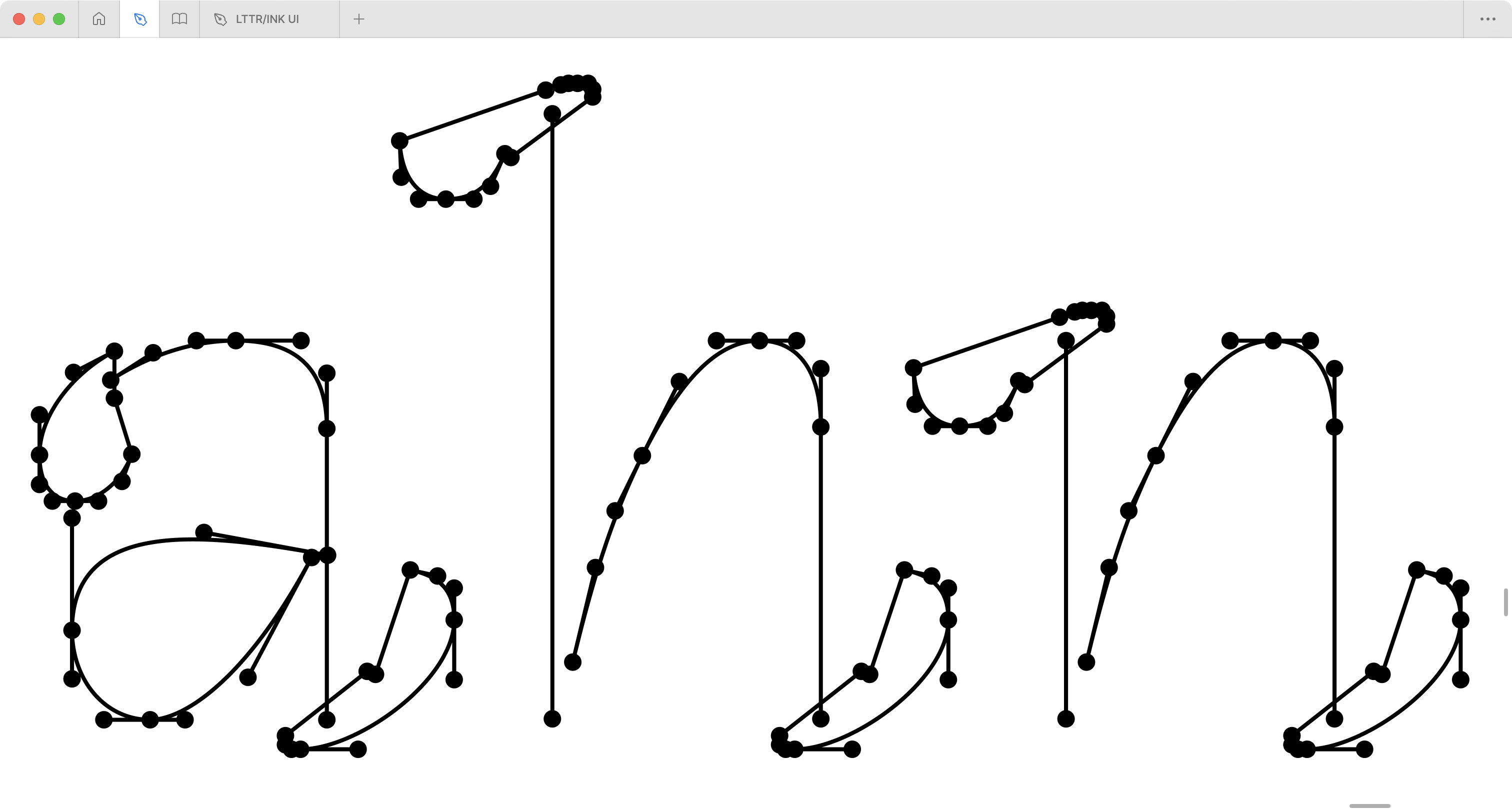 The outliner is a letter shape created by drawing with a digital stroke tool, typically Bézier curves.