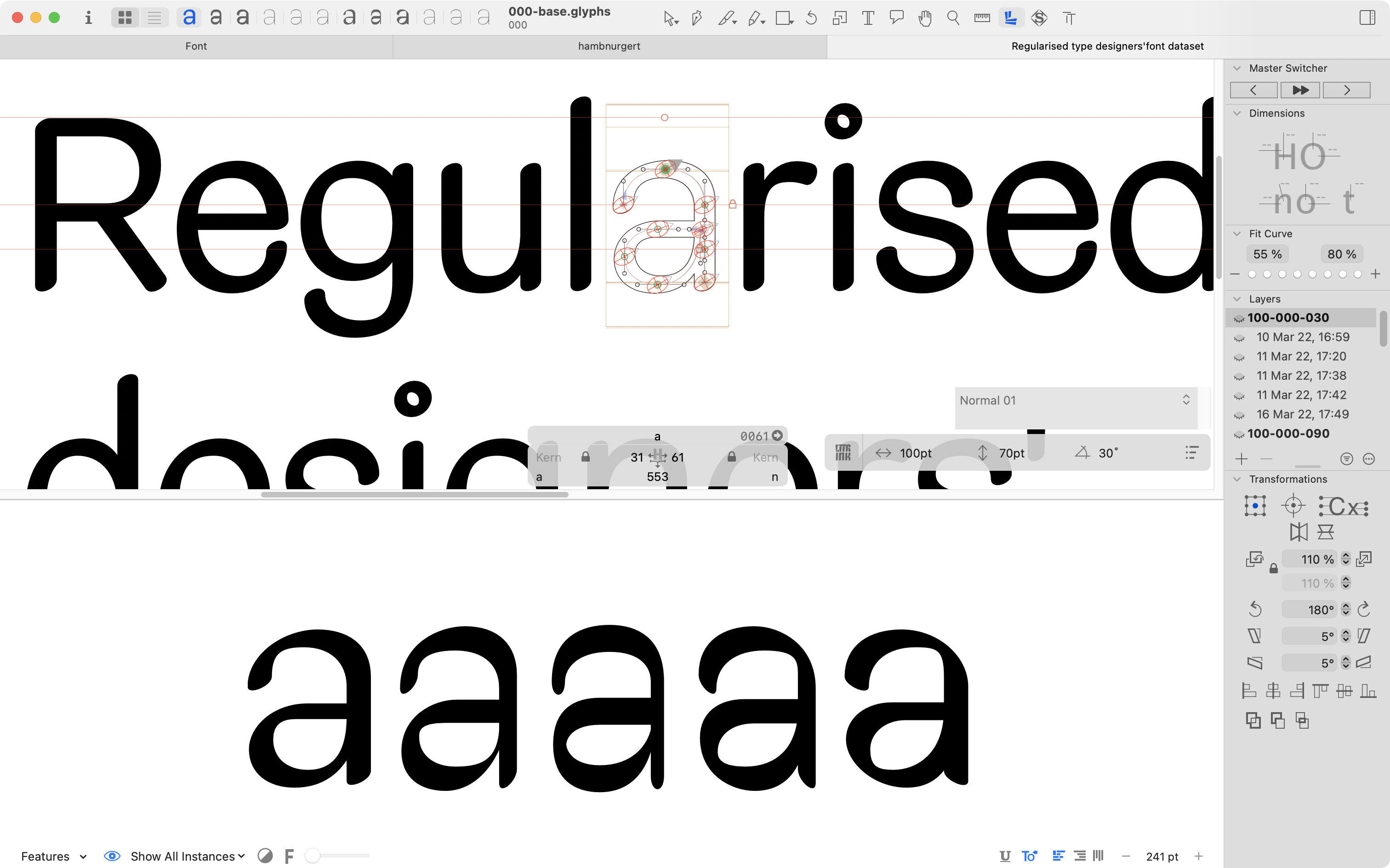 Figure presents a screenshot of the design application using LTTR/INK drawings within the Glyphs Application. On the top, the design pane with LTTR/INK UI and glyph “a” in edit mode; The bottom is a preview of all the master of edited glyph “a”