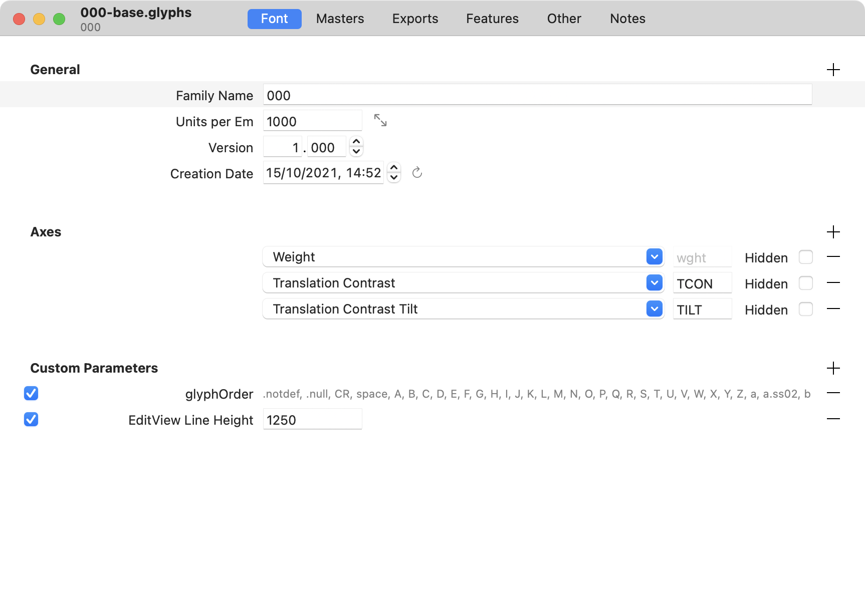 Figure presents Axes setup within a .glyphs file. On the image is the base master set representing the neutral shape