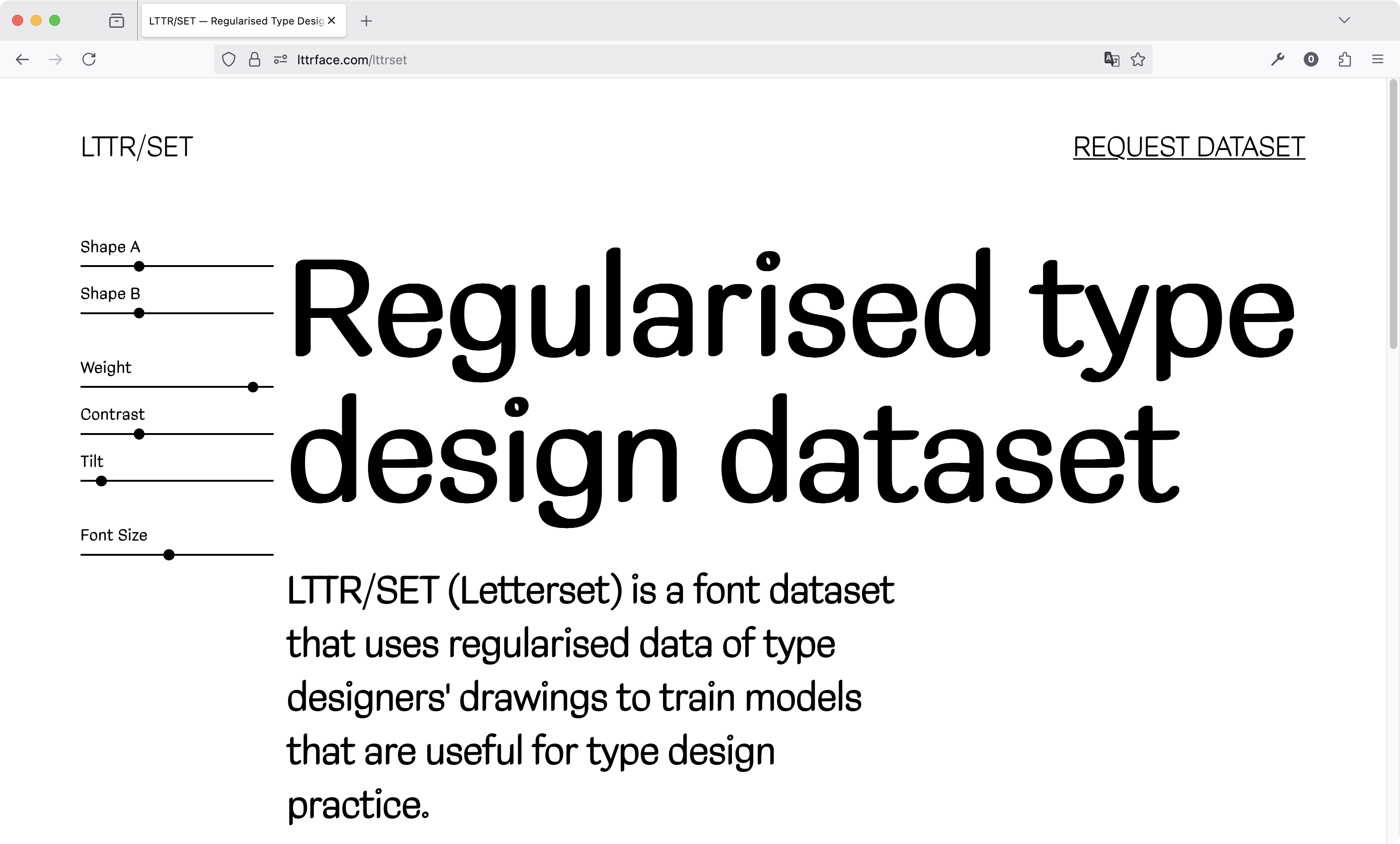 Figure presents the website interface for accessing the LTTR/SET. On the left are UI controllers to preview the font-variant, in the middle, the font preview which text is editable, on the top right buttons to download the previewed font or access the complete dataset as a package.