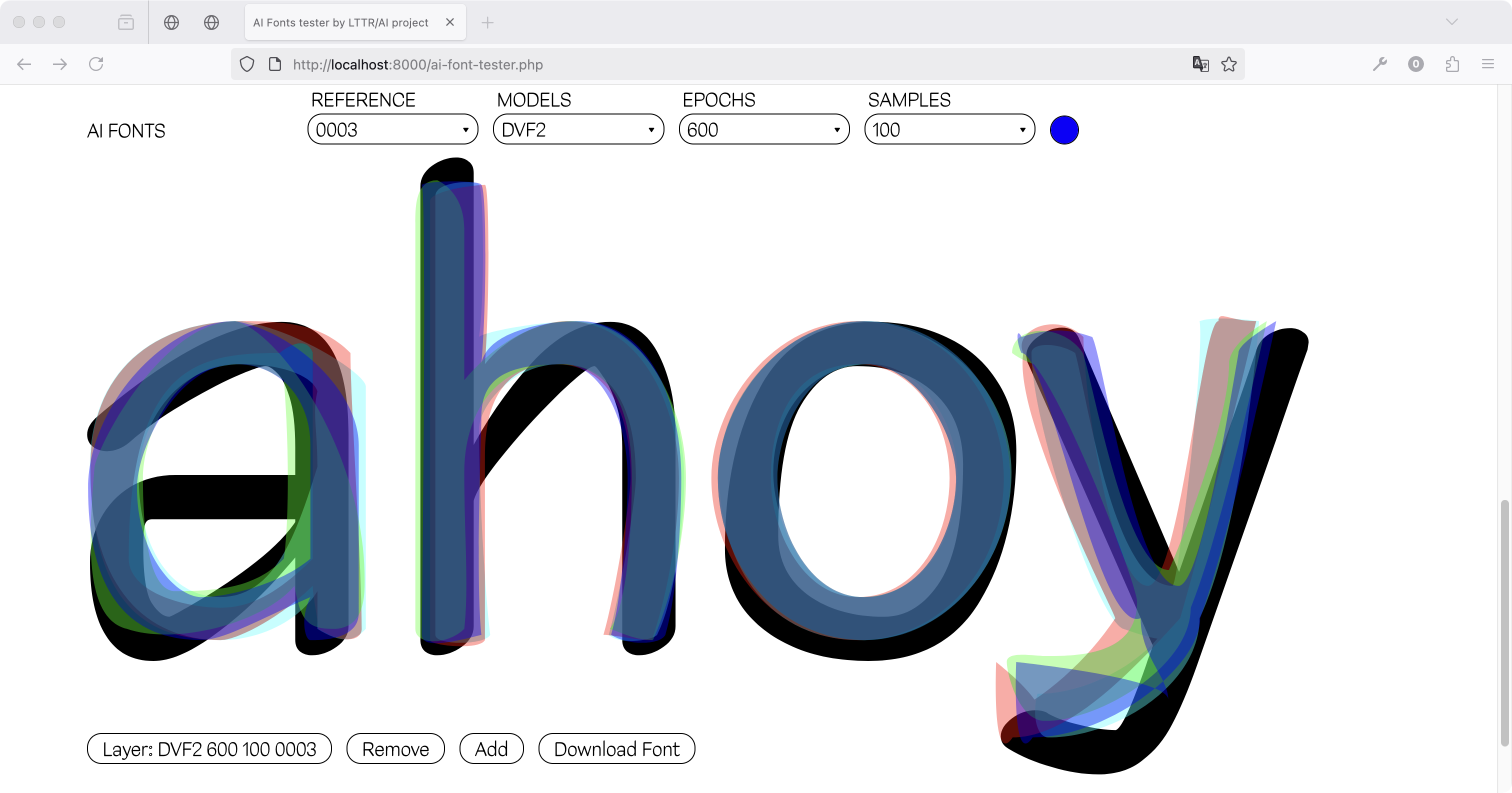 Figure screenshot DeepVecFont-2 Original Model comparing detail reference matching. Black layer: Reference, Aqua layer: 20 samples, Red layer: 30 samples, Lime layer: 50 samples, Blue layer: 100 samples