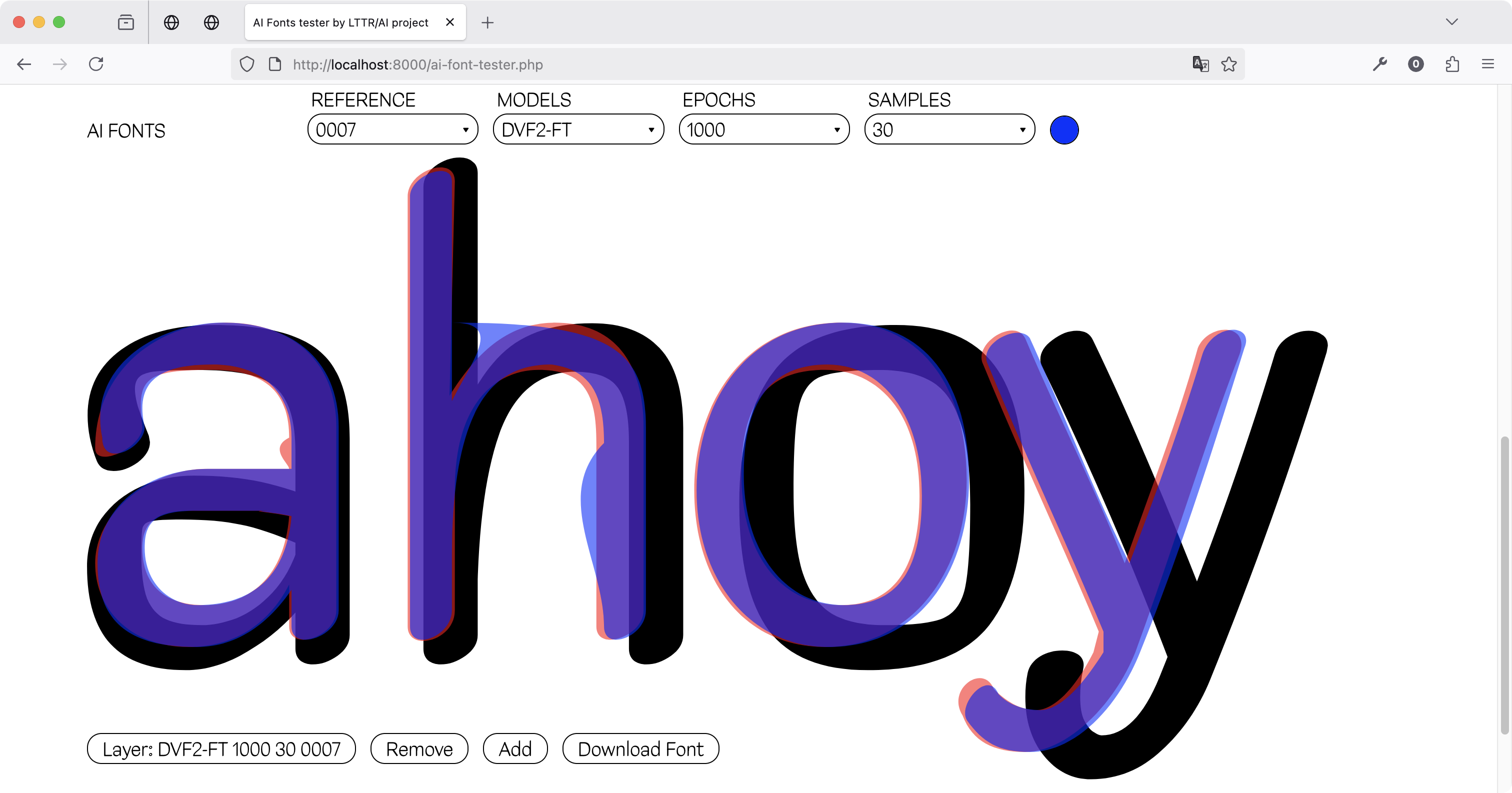 Figure screenshot DeepVecFont-2 Fine-tuned on the LTTRSET Dataset comparing reference matching. Black layer: Reference, Red layer: 800 epochs, Blue layer: 1000 epochs
