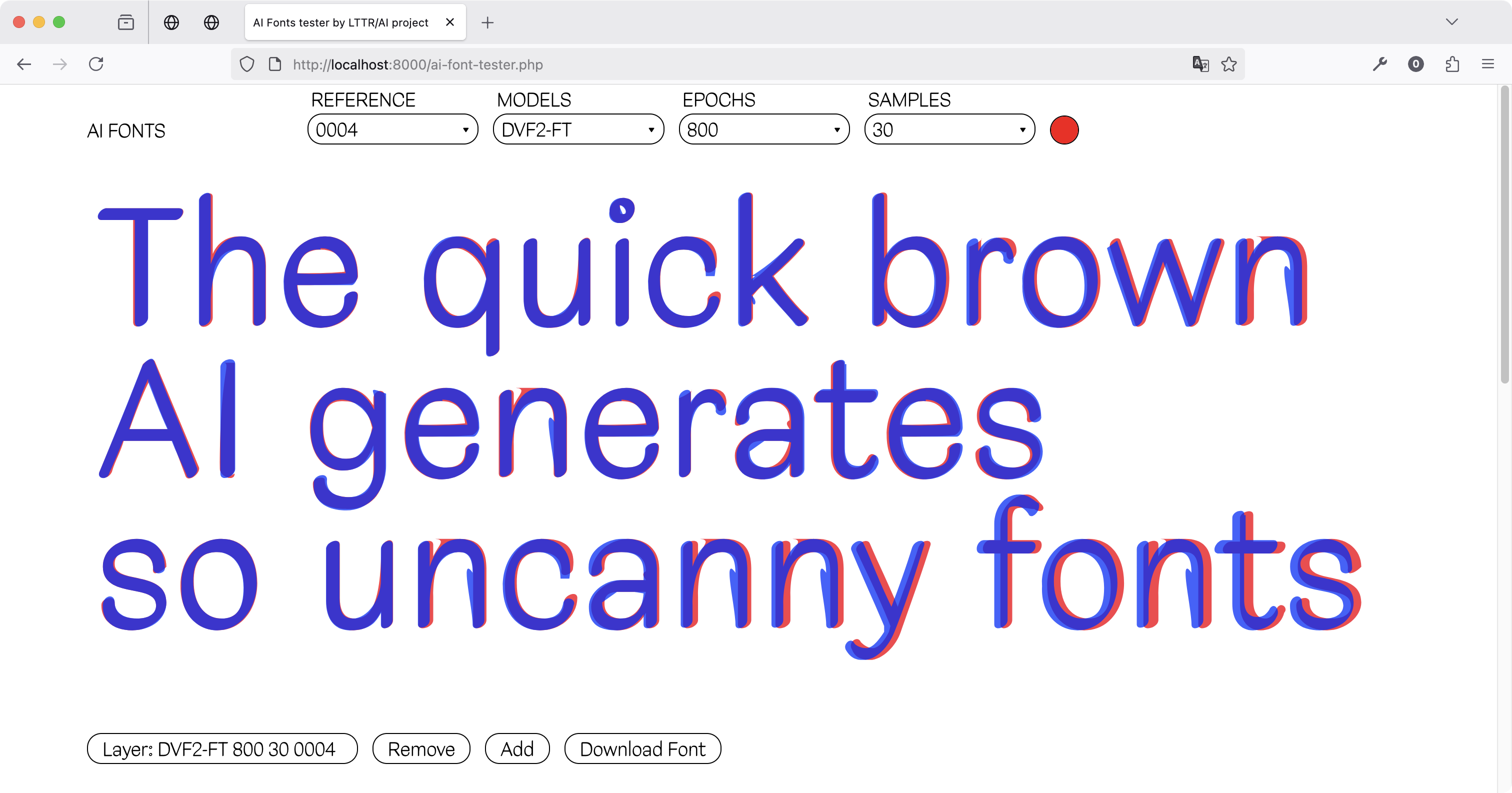 Figure screenshot DeepVecFont-2 Fine-tuned on the LTTRSET Dataset. Red layer: 800 epochs, Blue layer: 1000 epochs