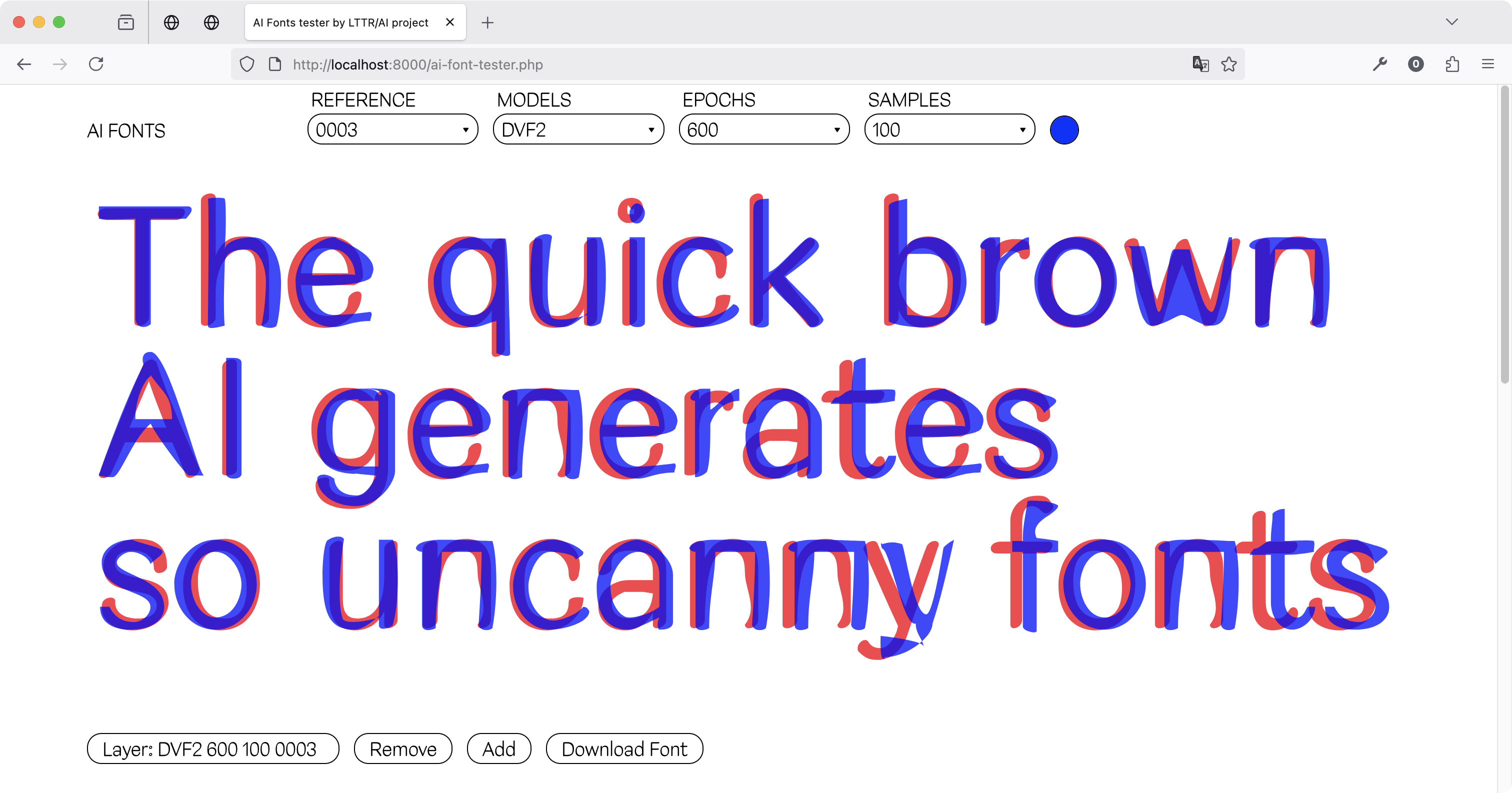 Figure screenshot DeepVecFont-2 Original Model. Red layer: 50 samples, Blue layer: 100 samples
