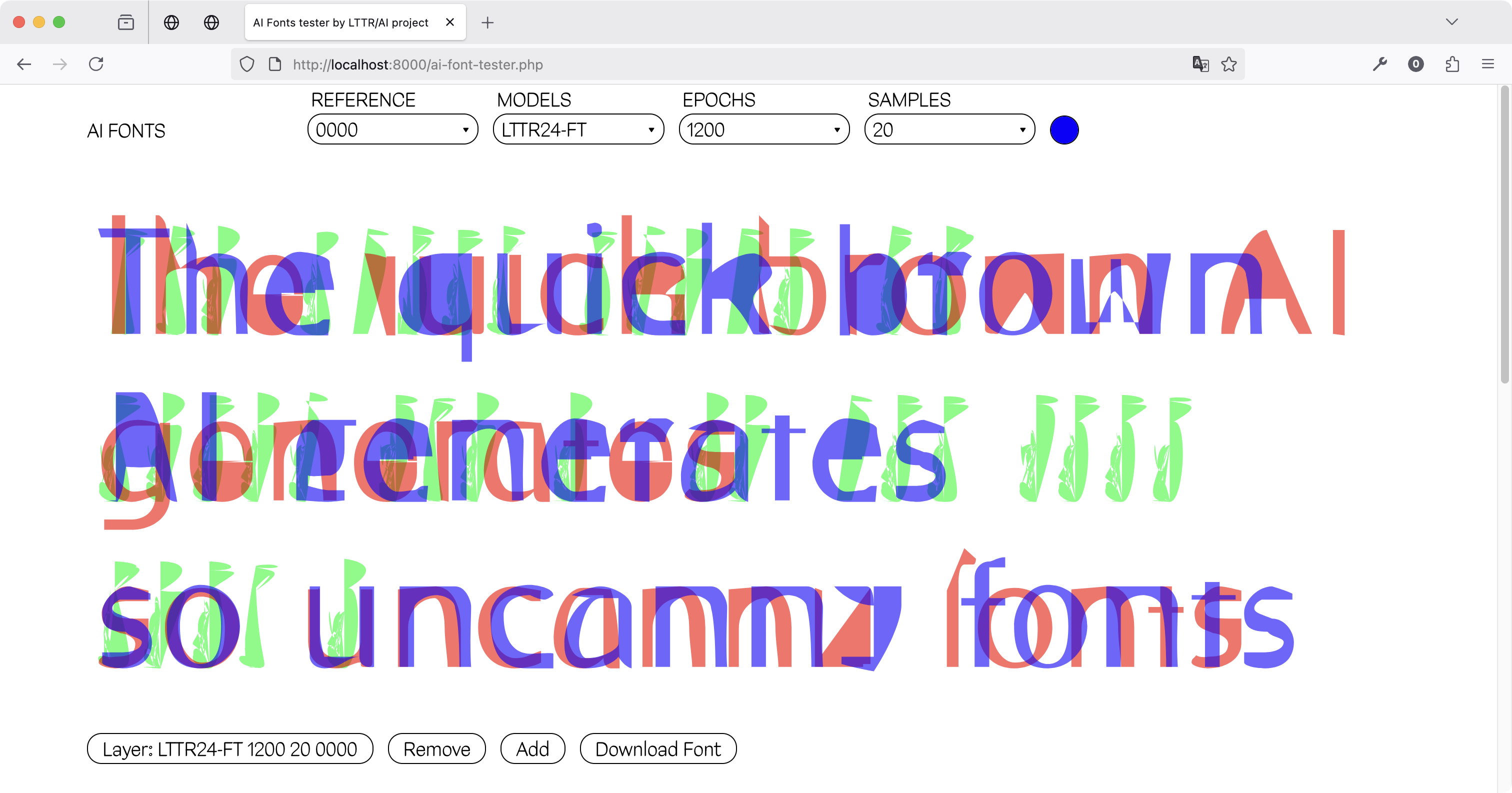Figure screenshot LTTR24 Fine-tuned on the SVG-Font Dataset. Lime layer: 800 and 1000 epochs, Red layer: 1100 epochs, Blue layer: 1200 epochs